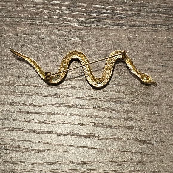 Vintage Gold Slithering Snake Brooch with Rhinestone Eyes - Picture 5 of 5